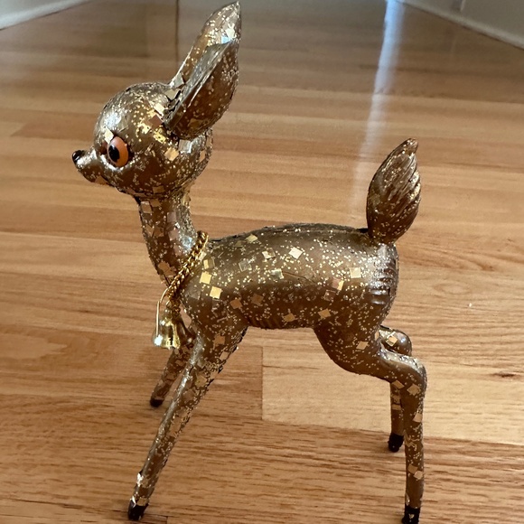 Vintage Gold Glitter Hard Plastic Deer Reindeer with Bell - Picture 2 of 12